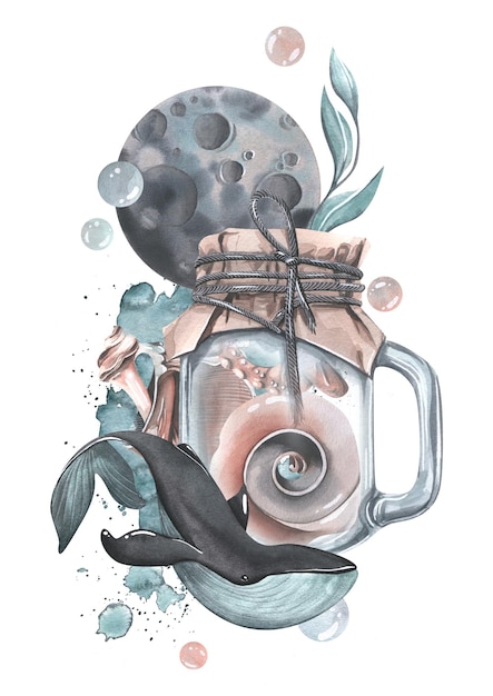 Ein Glasgefäß mit Walmuscheln, Algenblasen und einem Mond. Aquarell-Illustration, handgezeichnet, isolierte Komposition auf weißem Hintergrund