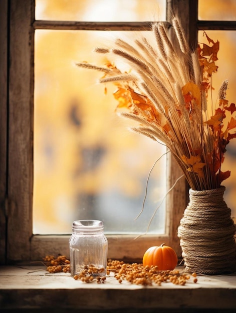 Ein Glasgefäß und ein Kürbis vor einem Fenster mit Herbsthintergrund.