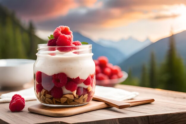 ein Glasgläschen Joghurt mit Erdbeeren und Joghurt auf einem Holztisch.