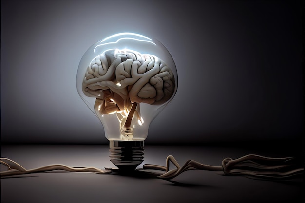 Ein Glaskolben mit einem weiß leuchtenden menschlichen Gehirn im Inneren steht auf einem dunkelgrauen Hintergrund