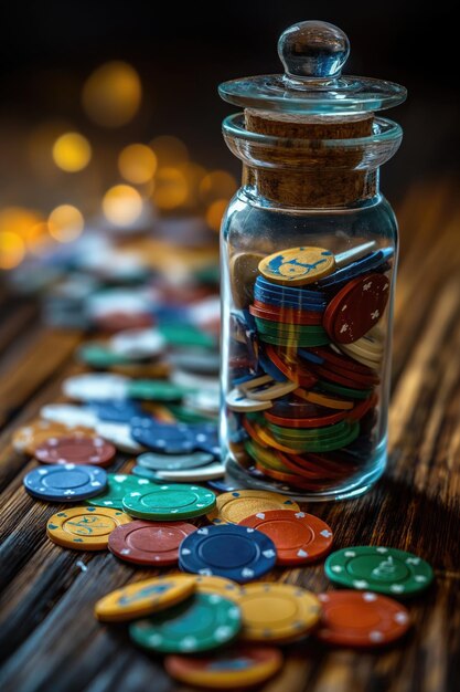 Foto ein glaskrug mit bunten pokerchips auf einem holztisch.