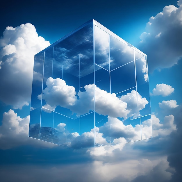 Ein Glaswürfel mit einer lebendigen kaleidoskopischen Wolkenlandschaft, einer digitalen Metaversum-Infrastruktur