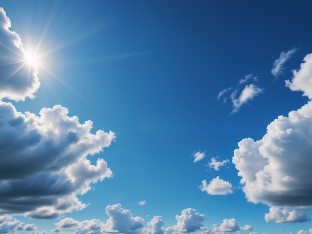 Ein glatter, detaillierter blauer Himmel mit einigen weißen Wolken und Sonne