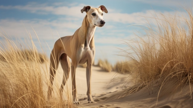 Ein glatter und geschliffener Hund in der Natur der Dünen