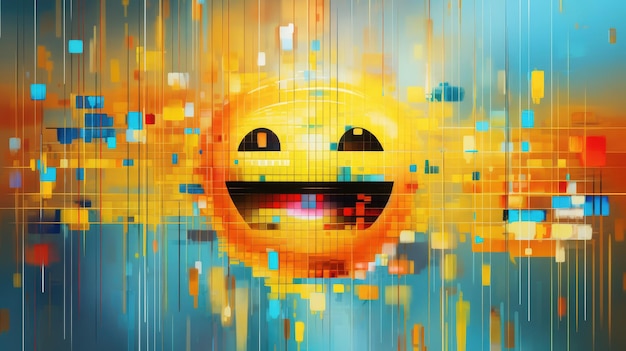 Ein glitzernder futuristischer Hintergrund mit einem pixeligen Emoji-Muster