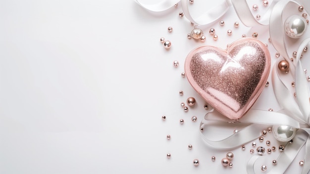 Ein glitzerndes Herz aus Rosengold mit metallischen Perlen und Satinbändern auf Weiß