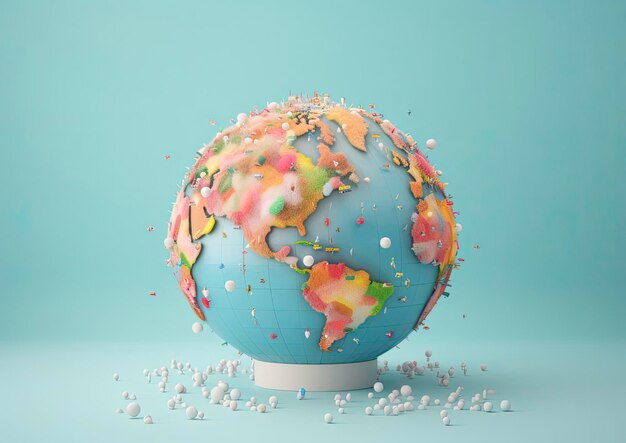 Ein Globus mit Konfetti um ihn herum auf einem blauen Hintergrund
