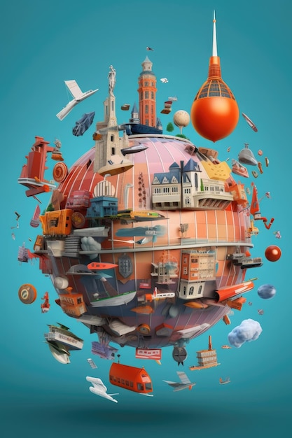 Ein Globus mit verschiedenen Geschäftssymbolen, die ihn umkreisen, erstellt mit generativer KI