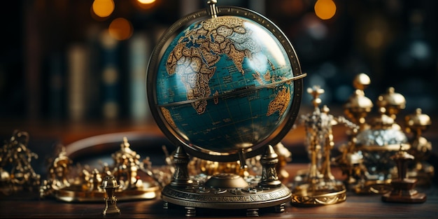 Ein Globus steht auf dem Schreibtisch neben einem Weltkarten-Wallpapier
