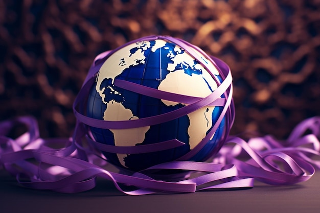 Ein Globus, umgeben von einem violetten Band auf violettem, unscharfem Hintergrund