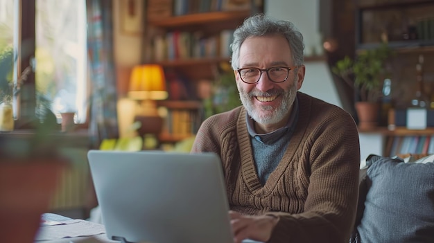 Ein glücklich aussehender, erwachsener, weißer, alleinerziehender Mann arbeitet zu Hause an seinem Laptop.