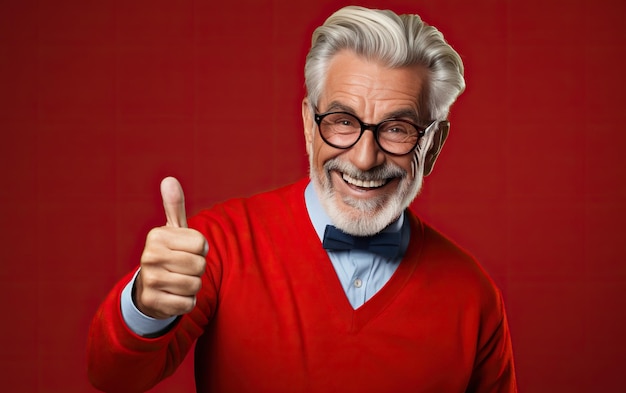Ein glücklich lächelnder älterer Mann mit erhobenem Daumen, bunt gekleidet auf rotem Hintergrund