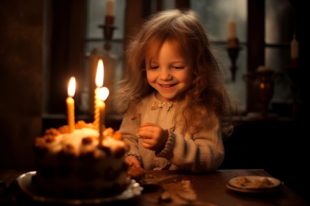 Ein glücklich lächelndes kleines Mädchen, das seinen Geburtstag mit Kerzen im Hintergrund feiert