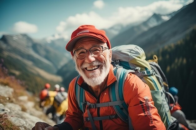 Ein glücklicher, älterer, athletischer alter Mann vor einem Hintergrund von Bergen.