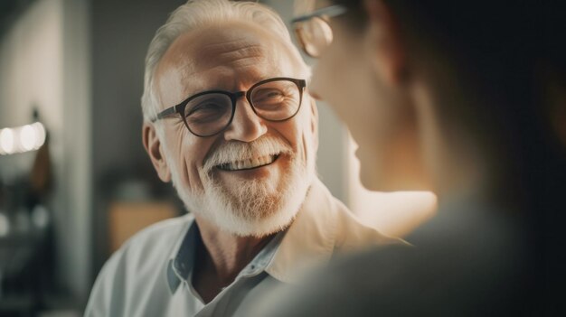 Ein glücklicher älterer Mann beim Zahnarzt spricht mit einer Krankenschwester, die mit KI erstellt wurde.