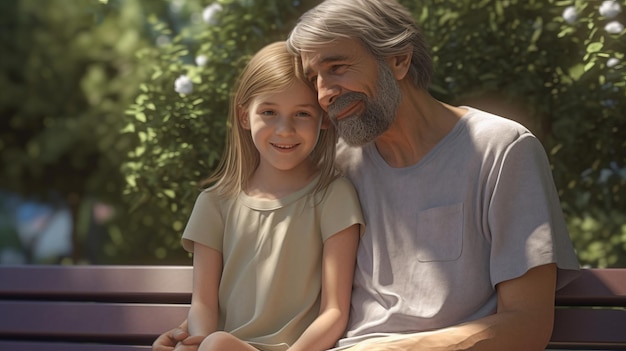 Ein glücklicher älterer Mann und ein blondes Mädchen sitzen an einem sonnigen Tag auf einer Bank im Park