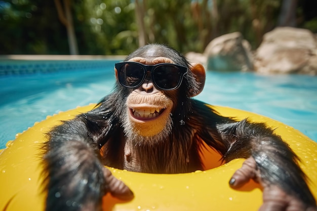 Ein glücklicher Affe mit Sonnenbrille schwimmt im Pool auf einem aufblasbaren gelben Kreis.