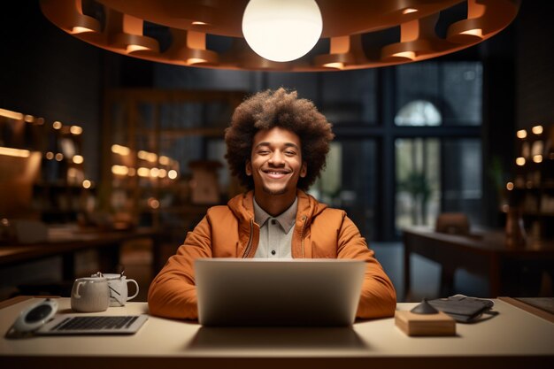 Ein glücklicher, afrikanisch-amerikanischer, konzentrierter Schüler schreibt Hausaufgaben, während er spät in der Nacht vor dem Laptop lächelt Ein fleißiger Schüler studiert nachts Elearning-Kurse und Webinare Konzept