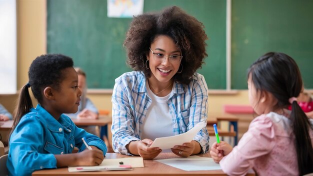 Foto ein glücklicher afrikanisch-amerikanischer lehrer gibt den grundschülern im klassenzimmer die testergebnisse.