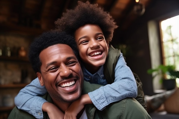 Ein glücklicher afrikanischer schwarzer Vater, der sich zu Hause mit einem Teenager amüsiert.