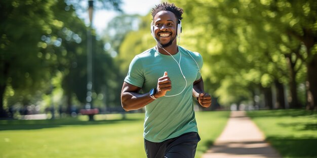 Ein glücklicher afroamerikanischer Mann mit Ohrhörer und Smartwatch joggt im grünen Park und hört Musik