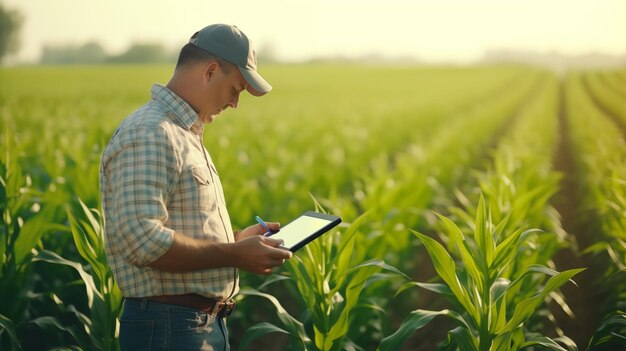 Ein glücklicher Agronom untersucht die Maispflanzen, die auf dem Feld wachsen