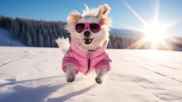 Ein glücklicher aktiver kleiner fröhlicher Hund in einer rosa Jacke und Brille läuft durch den Schnee mit Blick auf ein