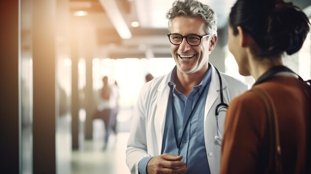 Foto ein glücklicher arzt und ein patient diskutieren etwas, während sie im korridor stehen.