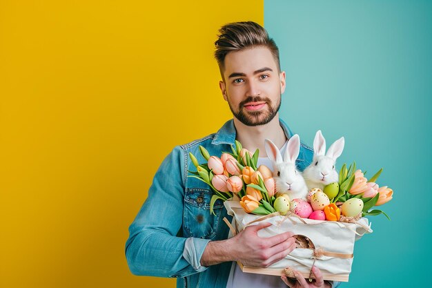 ein glücklicher bärtiger Mann hält eine bunte Schachtel mit Osterblumen und Bunny-Eklektisch-Stil auf Blau und Gelb