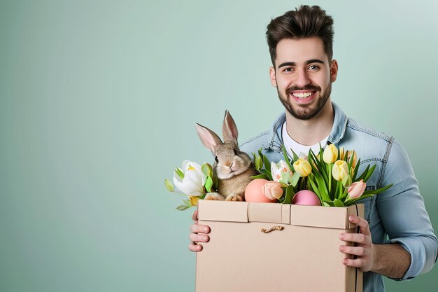 ein glücklicher bärtiger Mann hält eine bunte Schachtel mit Osternblumen und einem bunny-eklektischen Stil auf blau