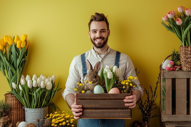 ein glücklicher bärtiger Mann hält eine bunte Schachtel mit Osternblumen und einem bunny-eklektischen Stil auf Gelb
