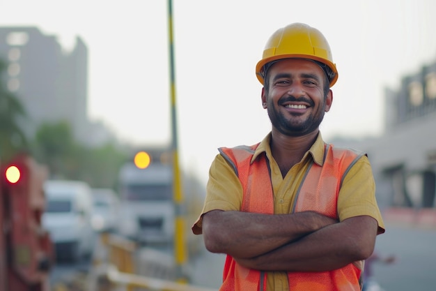Ein glücklicher Bauarbeiter feiert den Fortschritt beim Straßenbau