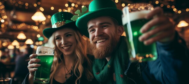 Ein glücklicher erwachsener Mann und eine erwachsene Frau feiern den St. Patrick's Day in einem irischen Bierpub.