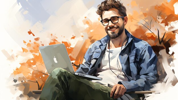 Ein glücklicher Freelancer mit einem Computer zu Hause, junger Mann