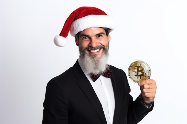 Foto ein glücklicher geschäftsmann mit weihnachtsmannmütze und bitcoin btc in der hand