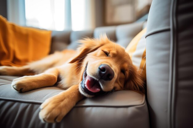 ein glücklicher goldener Retriever-Hund liegt auf einem gemütlichen Sofa