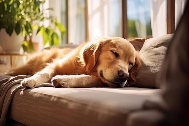 ein glücklicher goldener Retriever-Hund liegt auf einem gemütlichen Sofa