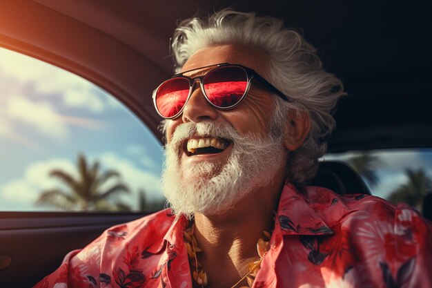 Ein glücklicher, grauer, bärtiger älterer Mann lächelt und sitzt auf dem Beifahrersitz in der Nähe des Fensters im Auto.