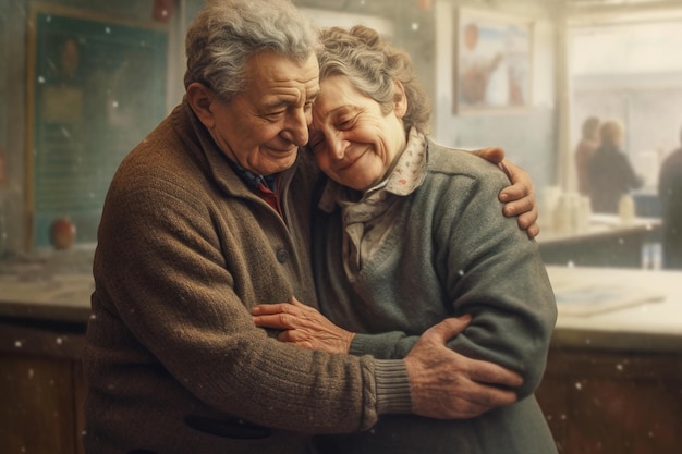 Ein glücklicher Großvater umarmt seine Großmutter. Ein glückliches Paar älterer Menschen mit freudigen Gefühlen. KI-Generation