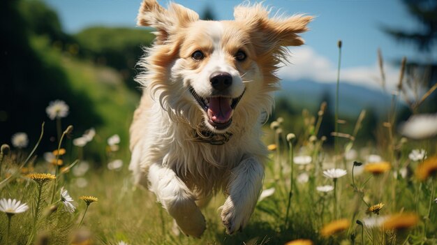 ein glücklicher Hund, der auf dem Feld rennt