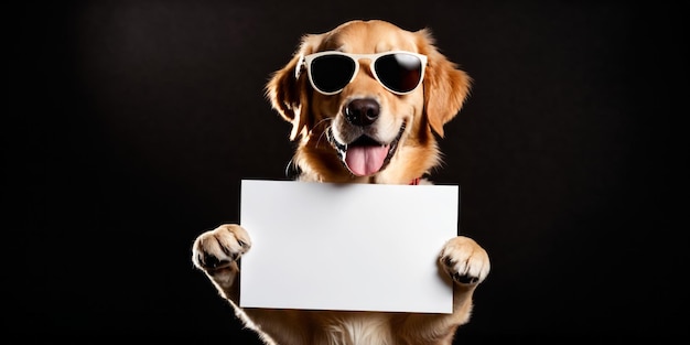 Foto ein glücklicher hund, der eine leere tafel mit kopiepaste hält