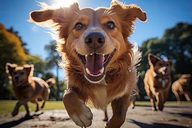 Ein glücklicher Hund, der im Park mit anderen Hunden spielt