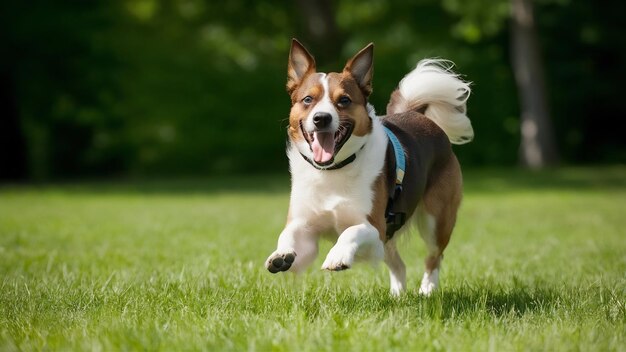 Ein glücklicher Hund, der sich im Park amüsiert