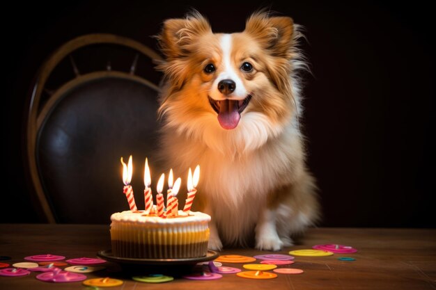 Ein glücklicher Hund feiert seinen Geburtstag mit Kuchen und Kerzen