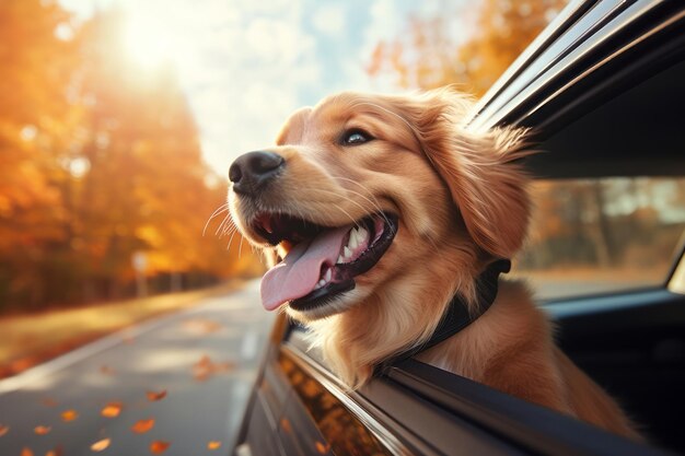 Ein glücklicher Hund genießt eine windige Autofahrt mit dem Kopf aus dem Fenster