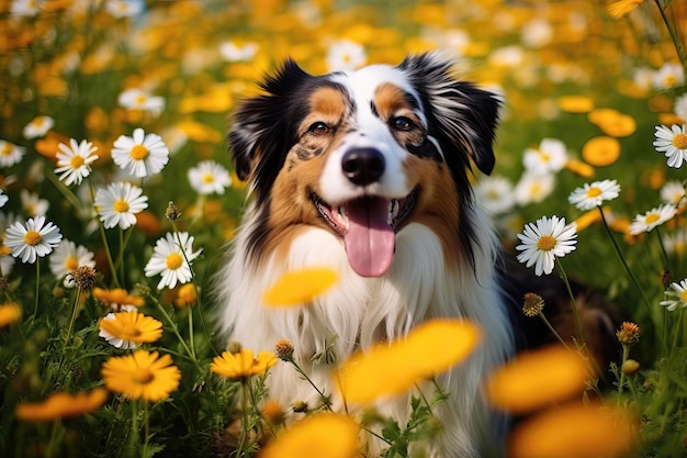 Ein glücklicher Hund in Blumen