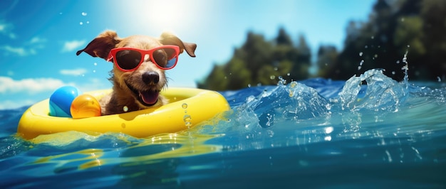 Ein glücklicher Hund in einer Brille, ein Jack Russell Terrier, badet in einer Rettungsboje auf dem Wasserpanorama