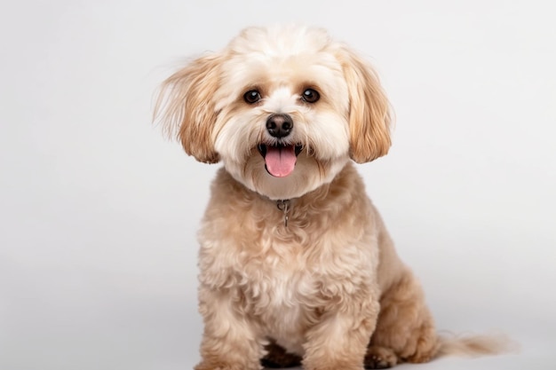 Ein glücklicher Hund Maltipoo goldene Farbe posiert isoliert über weißem Hintergrund Konzept der Schönheit Rasse Haustiere Tierleben