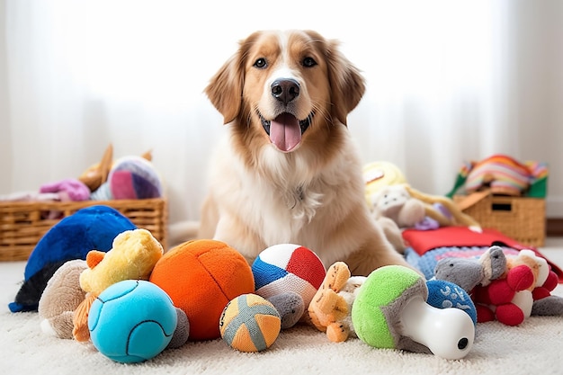 Ein glücklicher Hund mit vielen Hundespielzeug,