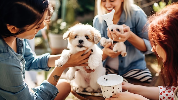 Foto ein glücklicher hund spielt mit einer gruppe von freunden im freien